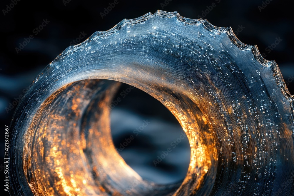 Poster a mesmerizing ice formation, a translucent swirl with golden light, showcasing intricate details and