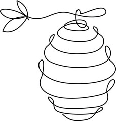 Honey bee hanging a hive on a tree one line art drawing.