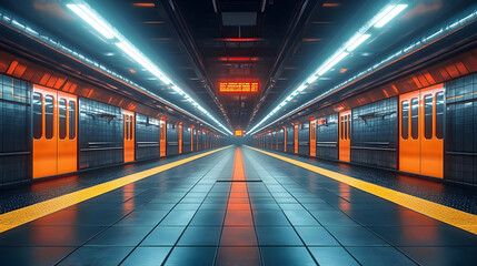 Symmetrical perspective of an underground metro station showcasing parallel train tracks