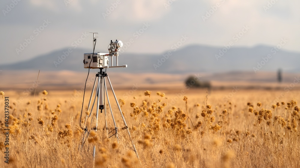 Aufkleber A portable weather monitoring instrument set up in a rural grassy field with mountains in the background used for environmental data collection and analysis