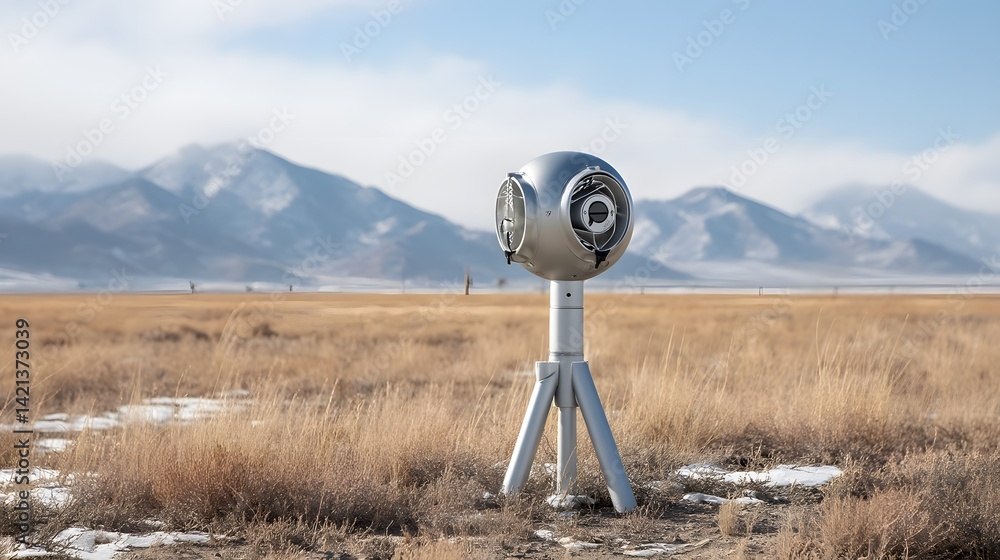 Poster A portable anemometer or wind detection device placed in an expansive open field surrounded by rugged mountains and a vast natural landscape