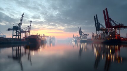 Obraz premium A picturesque view of a bustling container port at sunrise with cargo cranes and ships reflected in the calm waters below a vibrant cloudy sky