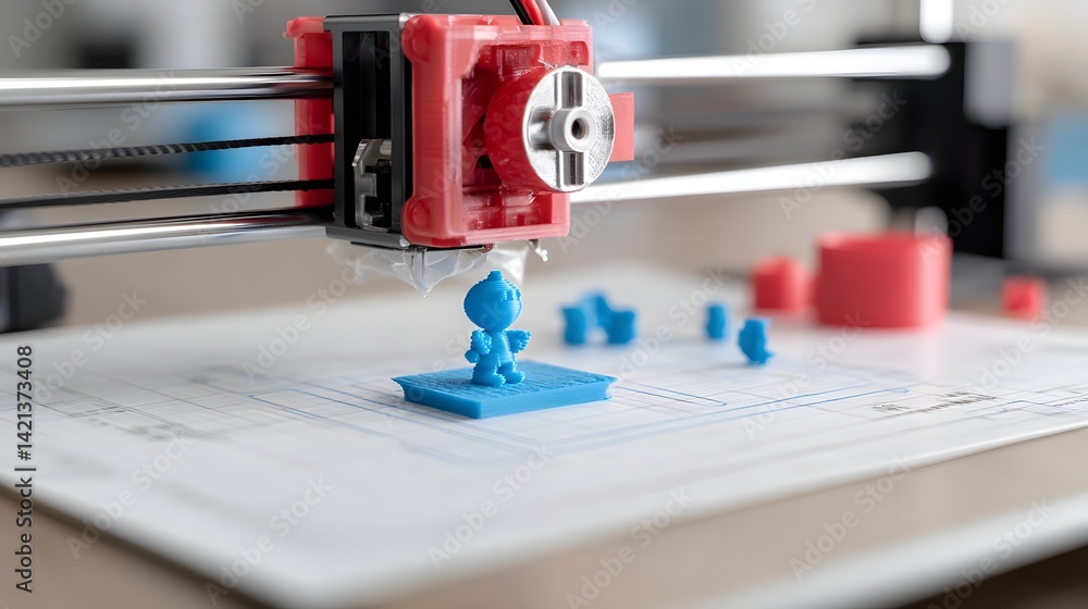 Poster A resin 3D printer is in the process of creating a highly detailed miniature figure on a clean neutral background showcasing the precision and capabilities of this modern manufacturing technology