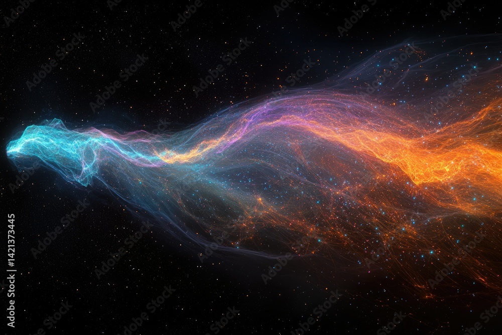 Poster a cosmic stream of vibrant, interconnected energy flows through the dark expanse of space, creating 