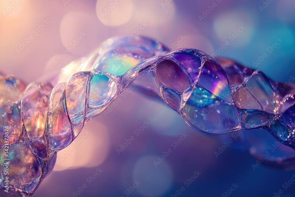 Poster A mesmerizing close-up of iridescent soap bubbles forming a unique abstract shape against a bokeh background.