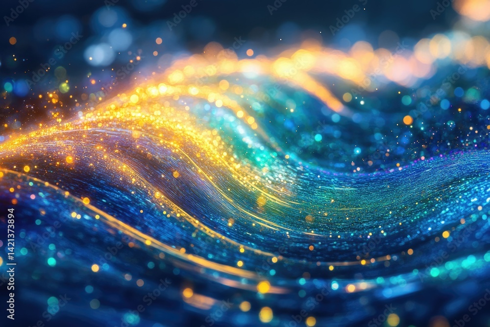 Poster abstract artwork depicting a wave of shimmering, golden and blue particles, creating a magical, ethe