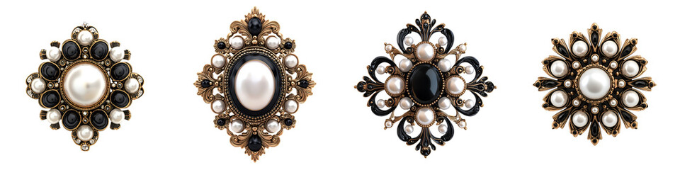 Elegant vintage-style jewelry ornaments with pearls and gemstones