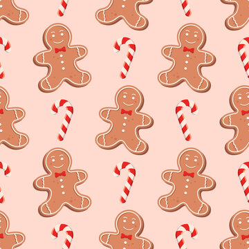 Seamless pattern with gingerbread man and candy cane on a light beige background. Vector holiday background.	