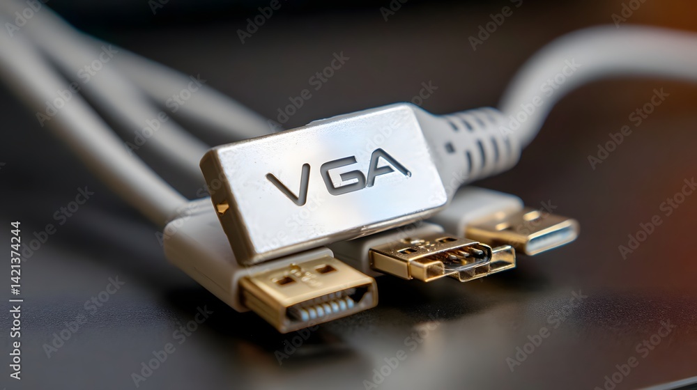 Poster a shot of a vga cable showcasing the detailed pin and a tech inspired studio lighting setup