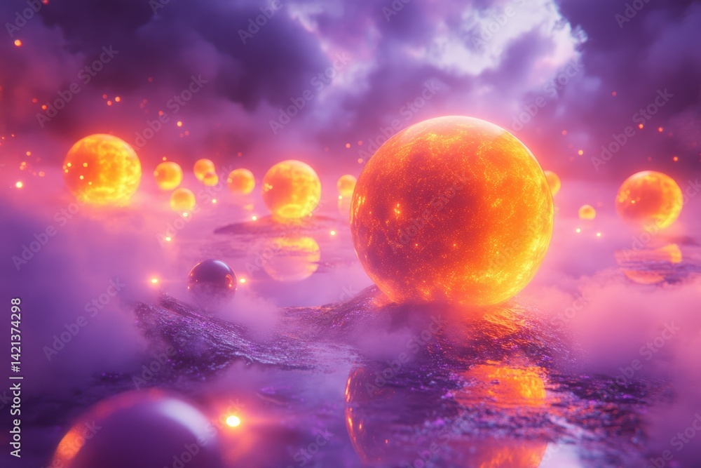 Poster glowing orbs float on a misty, purple landscape under a dramatic sky, creating a surreal and etherea