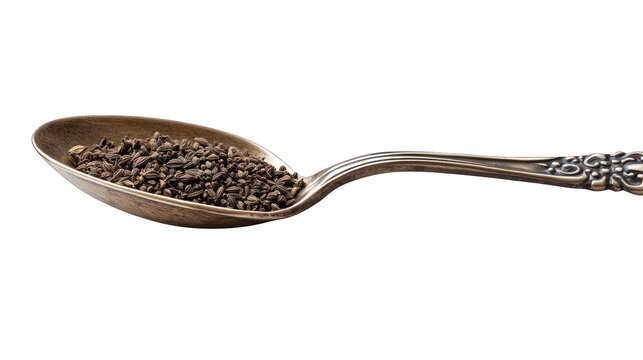 A vintage spoon holding small, dark-brown spice granules, likely a blend for culinary use.