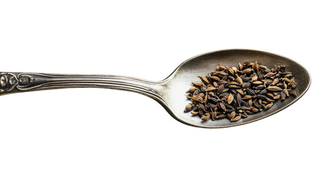 A close-up of small, dark and light brown seeds in a vintage silver spoon.