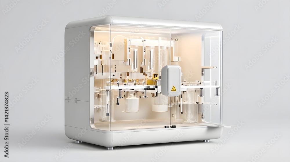 Poster a sleek and modern automated metal powder 3d printer with a safety enclosure designed for industrial