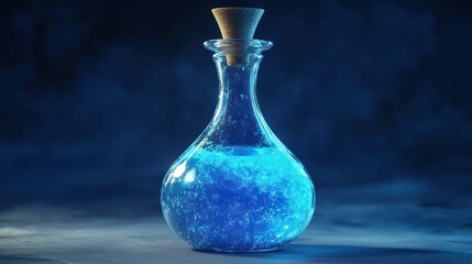 Mysterious blue potion in glass flask