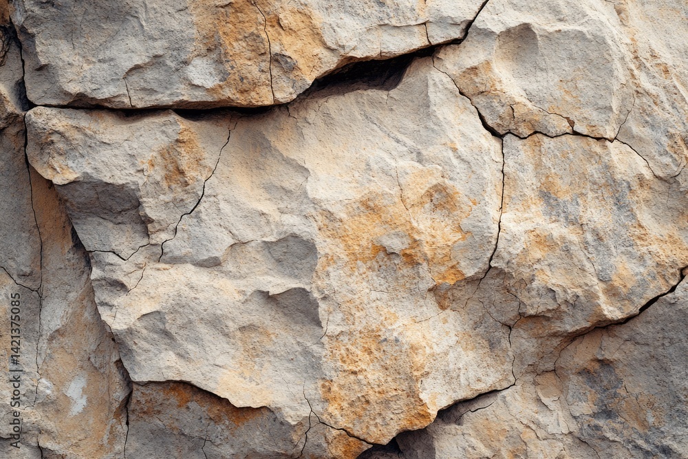 Fototapete close-up of a weathered, fractured rock surface showing cracks and texture variations in beige and o