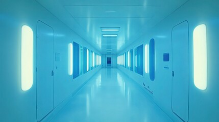 Fototapeta premium Futuristic space station corridor, with glowing blue neon panels and clean white surfaces, showing retro-futuristic design and cinematic lighting effects, empty but full of advanced sci-fi atmosphere.