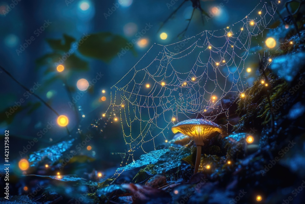 Poster Enchanted forest scene with glowing fireflies illuminating a dewy spiderweb and mushroom.