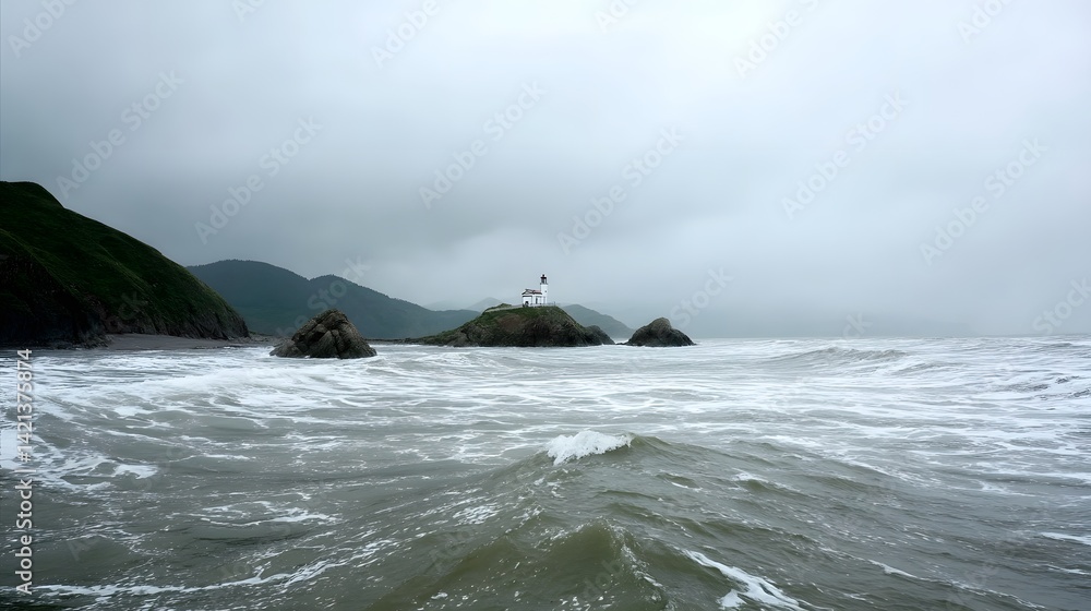 Poster a solitary lighthouse stands tall on a rocky cliff surrounded by crashing waves and dark ominous clo