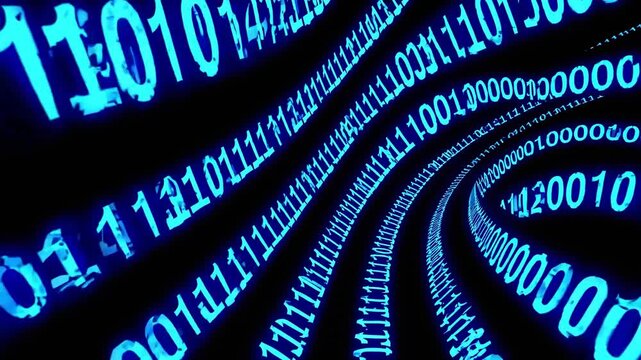 Abstract Digital Binary Code Spiral Movement in Blue Glow Background for Technology and Cyber Concepts