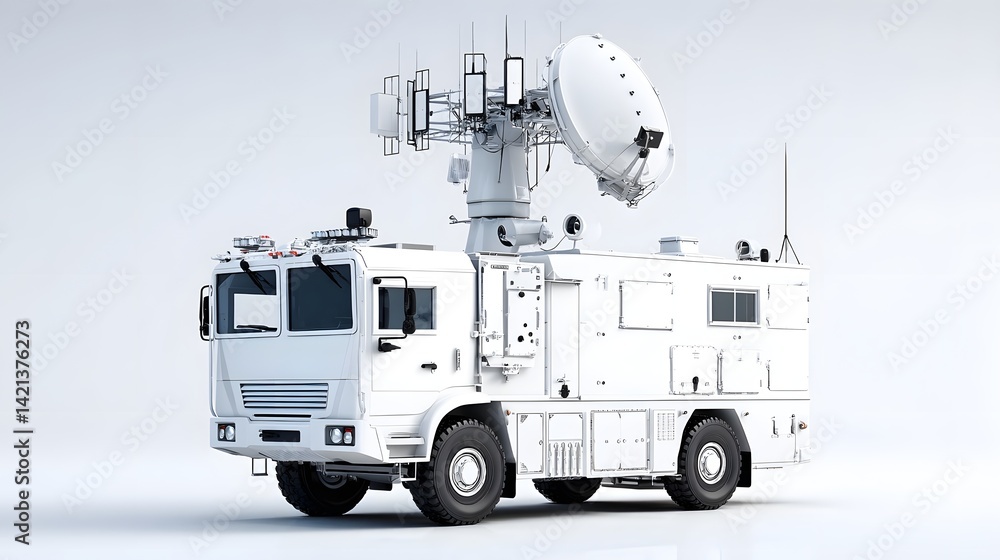 Poster a specialized mobile radar vehicle equipped with a satellite antenna system for advanced defense tec