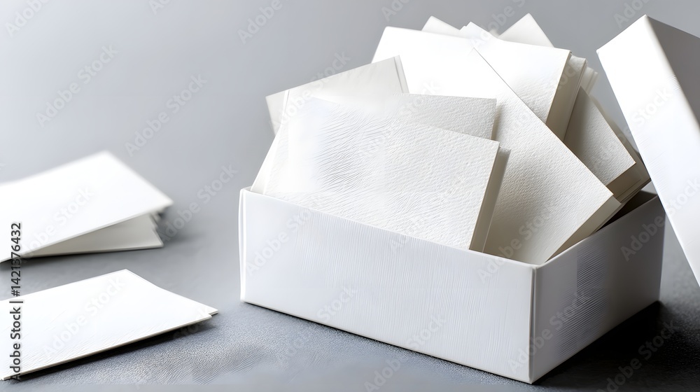 Aufkleber A stack of crisp white business cards neatly arranged inside a simple minimalist white box with professional studio lighting casting a soft glow on the scene