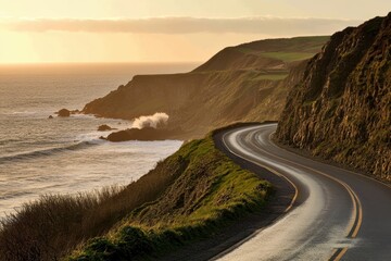 Coastal Highway Winding Along Dramatic Cliffs at Sunset Golden Hour Ocean View