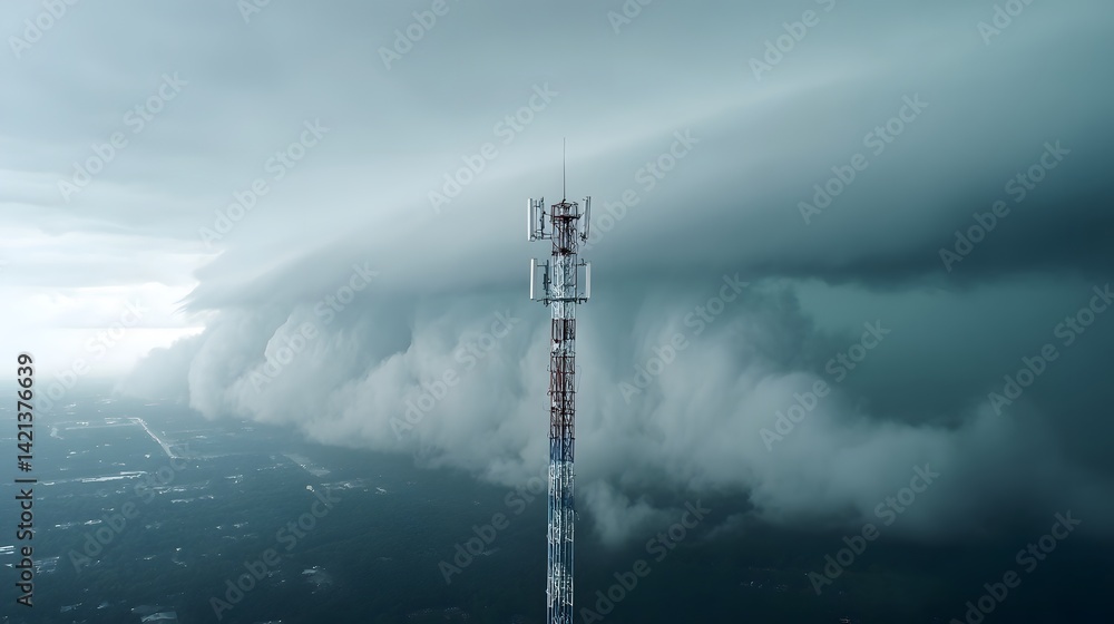 Poster a tall steel radar tower stands elevated against a backdrop of ominous swirling storm clouds capturi
