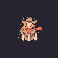 A cowgirl in a hat scarf and vest against a dark backdrop