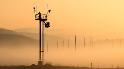 A tall observation tower with wind speed sensors stands silhouetted against a hazy atmospheric sunset landscape in the countryside
