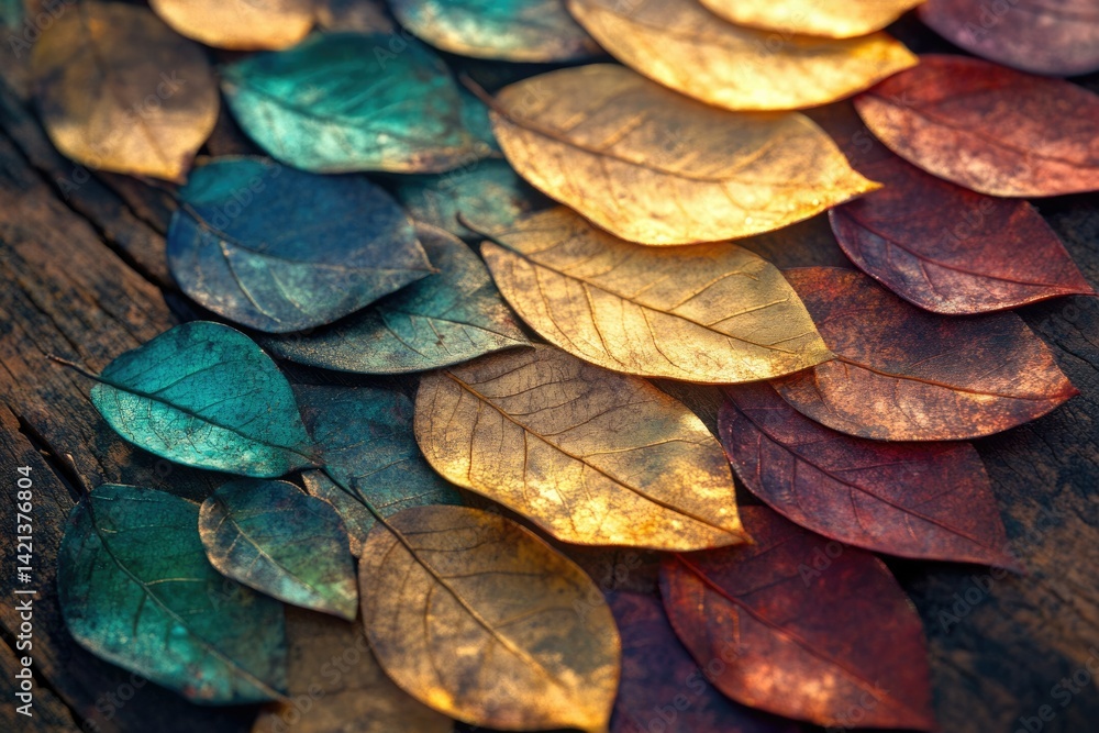 Poster Metallic autumn leaves arranged in a gradient pattern on weathered wood.