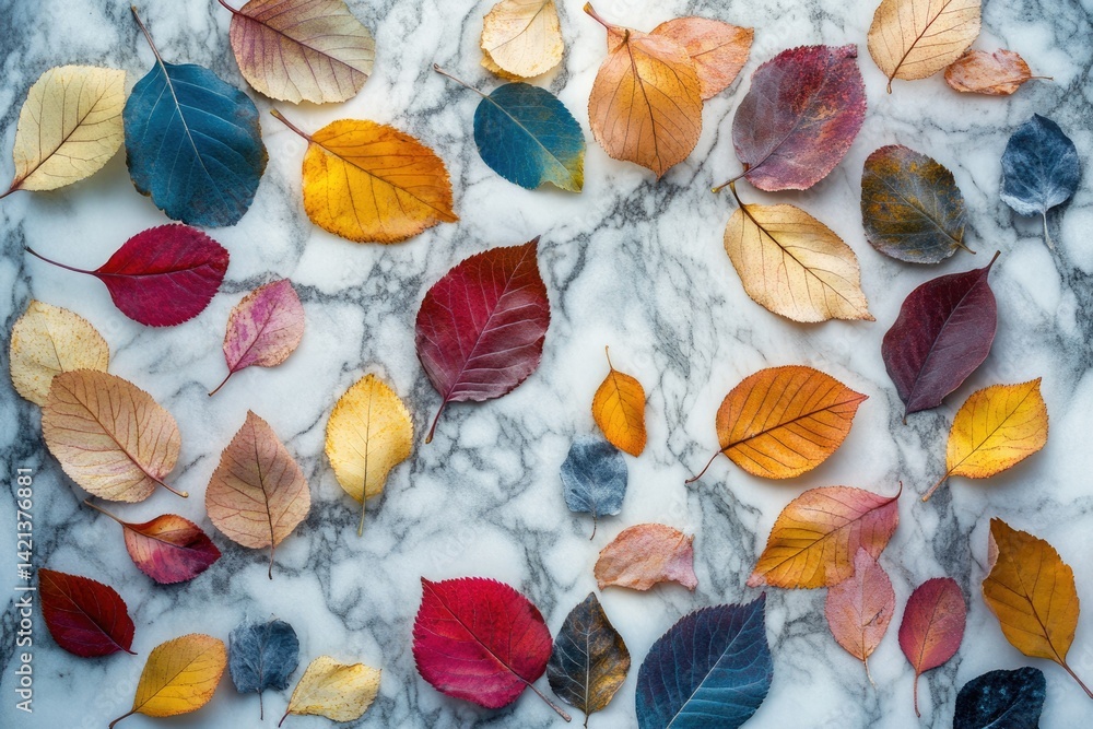 Poster autumn leaves of various colors arranged on a marble background.