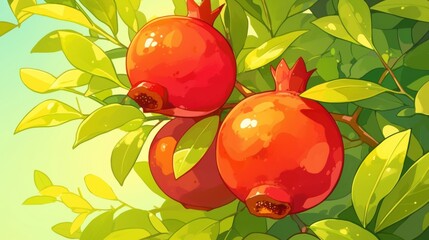Illustration of Ripe Pomegranates on a Tree