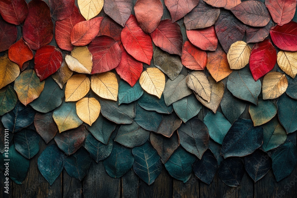 Poster autumn leaves arranged in a gradient of colors from red to deep teal on a wooden background.