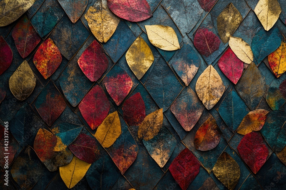 Poster autumn leaves arranged in a geometric pattern on a dark textured background, showcasing vibrant colo