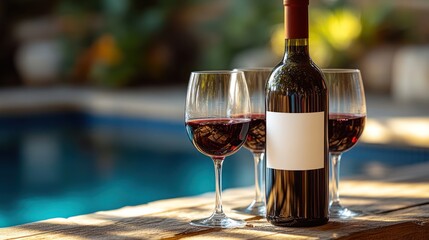 Red wine glasses and bottle near pool