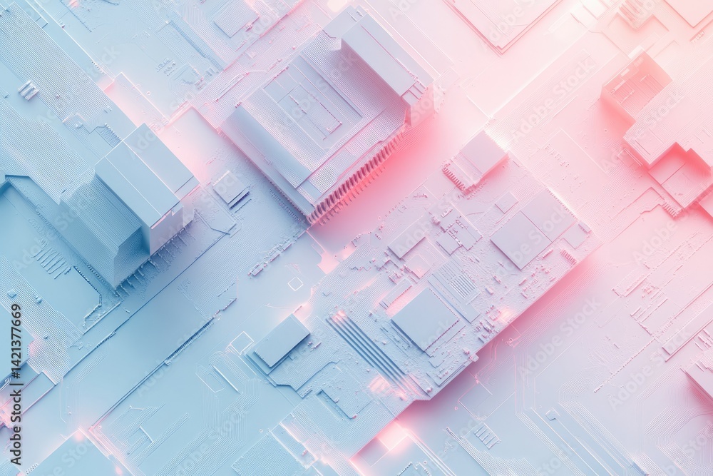 Poster abstract 3d rendering of a futuristic circuit board, showcasing intricate details and pastel colors.