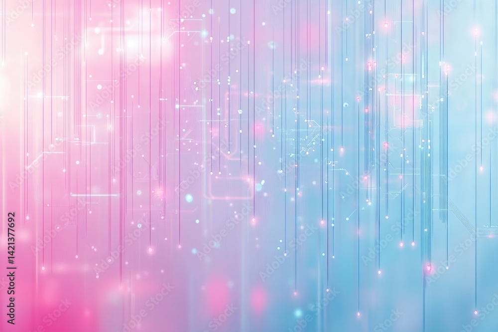 Poster Abstract digital art depicting interconnected lines and glowing particles in soft pink and blue hues.