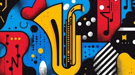 Vibrant and colorful abstract saxophone music illustration is prominently featured