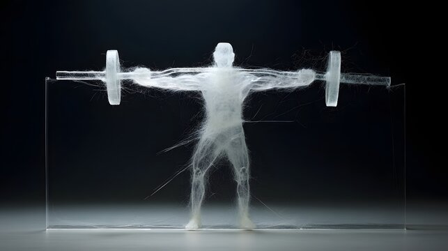 A transparent ghostly figure captured mid weightlifting motion against a deep black background highlighting the powerful movements and discipline of fitness training