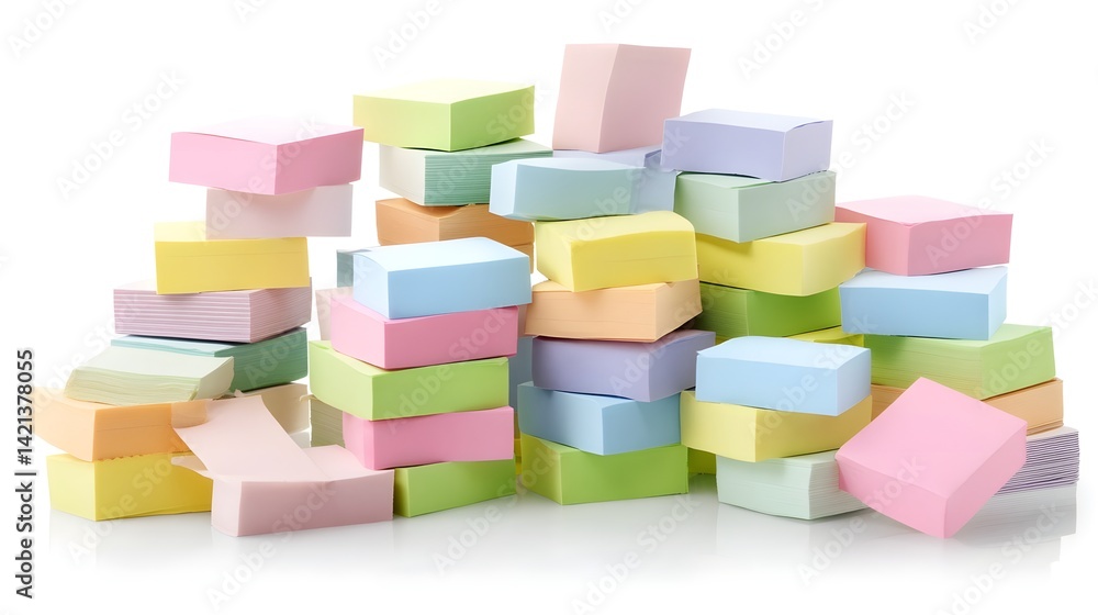 Poster a visually appealing arrangement of assorted pastel colored sticky notes stacked and organized in a 