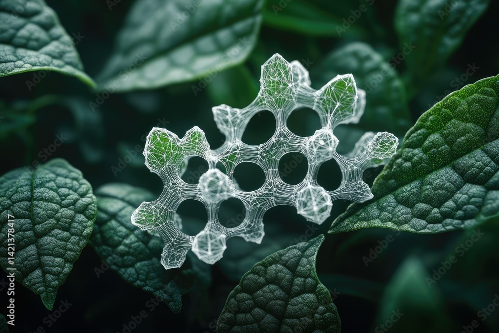Poster delicate white lattice structure resembling a honeycomb rests on lush green leaves, creating a visua