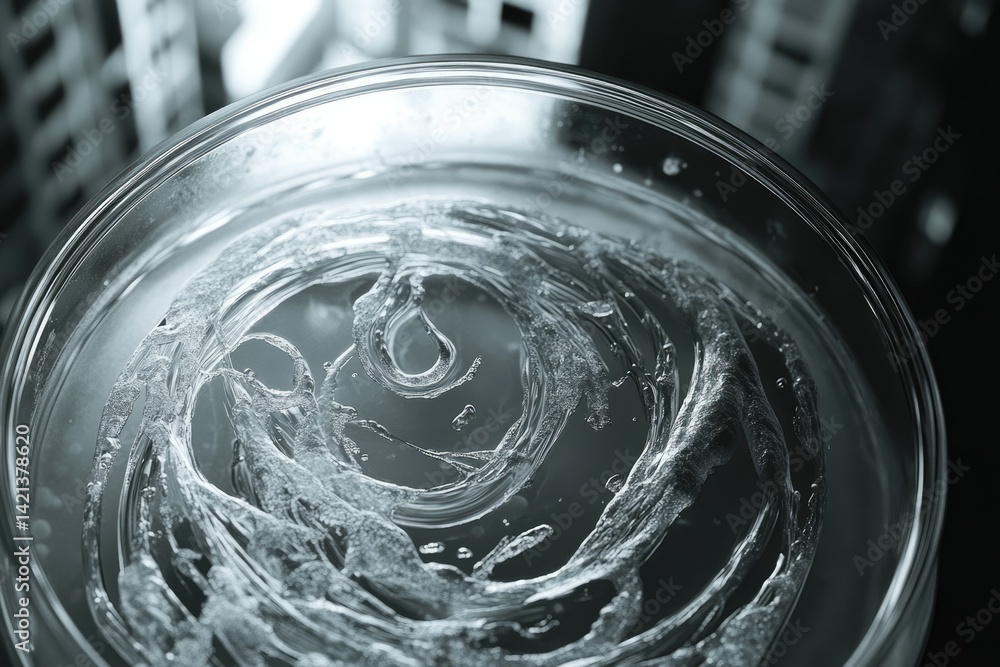 Poster swirling liquid in a petri dish, creating abstract patterns and textures resembling a cosmic swirl.