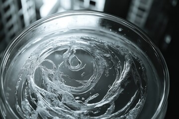 Swirling liquid in a petri dish, creating abstract patterns and textures resembling a cosmic swirl.