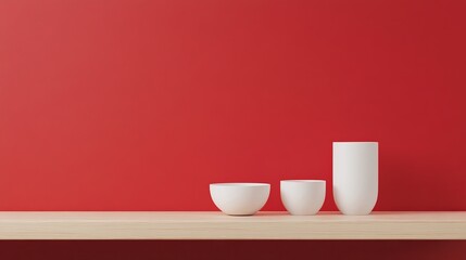Simple white bowls and vase on wooden shelf against red wall life home clean still decor round color