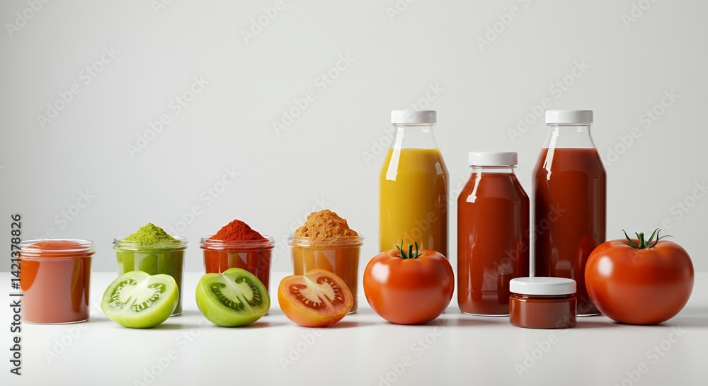 Poster tomato solanum lycopersicum derivative products displaying ripening stages in jars and bottles on wh