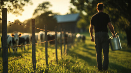 Dairy cattle behind galvanized fence, eyes focused on food, farmer in shadowy barn corridor hauls full milk can into view
