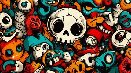 Obraz premium Chaotic and quirky cartoon characters and skull fill the frame