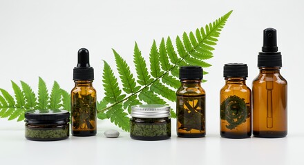 Amber Cosmetic Bottles with Green Bracken Fern Leaves on White Background Displaying Derivative Products Mockup No Label