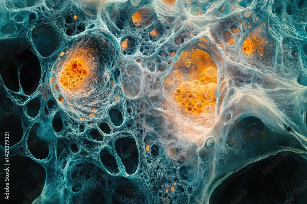 Poster Abstract art depicting a complex network of teal and orange, resembling a cellular structure or cosmic web.