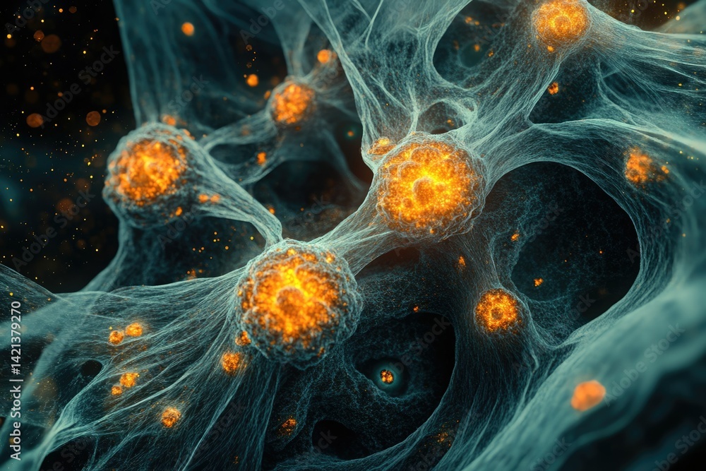 Poster microscopic view of vibrant cells interconnected by a complex network, glowing with internal energy.